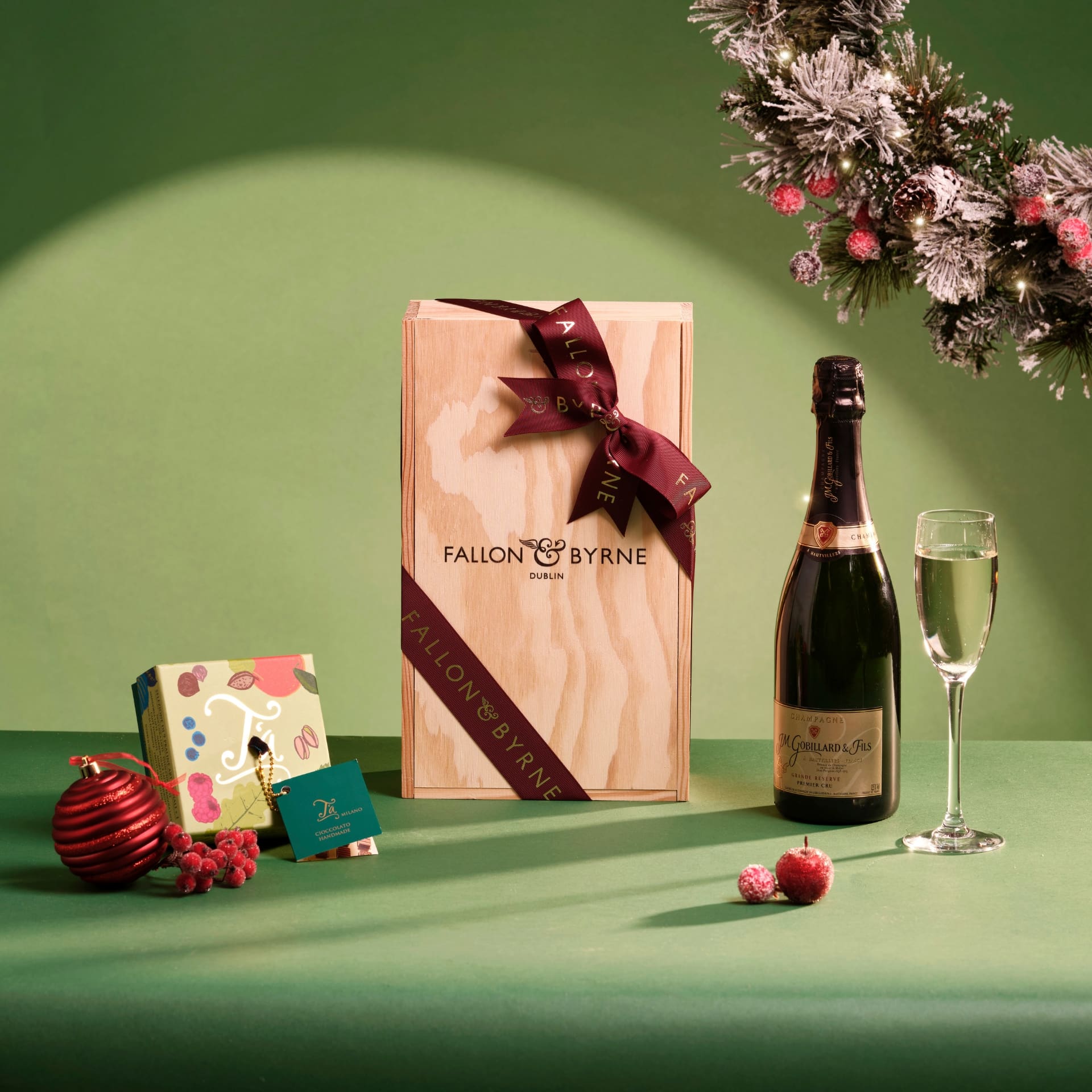 Champagne Gift with Gourmet chocolates, send this hamper with Fallon & Byrne, the perfect hamper gifting choice